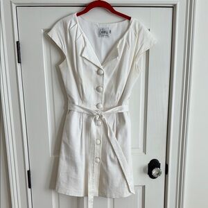 Leona | Belted Button Front Dress | White Textured Cap Sleeve | 4